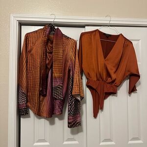 Two blouse bundle. One bodysuit and one blouse with neck tie